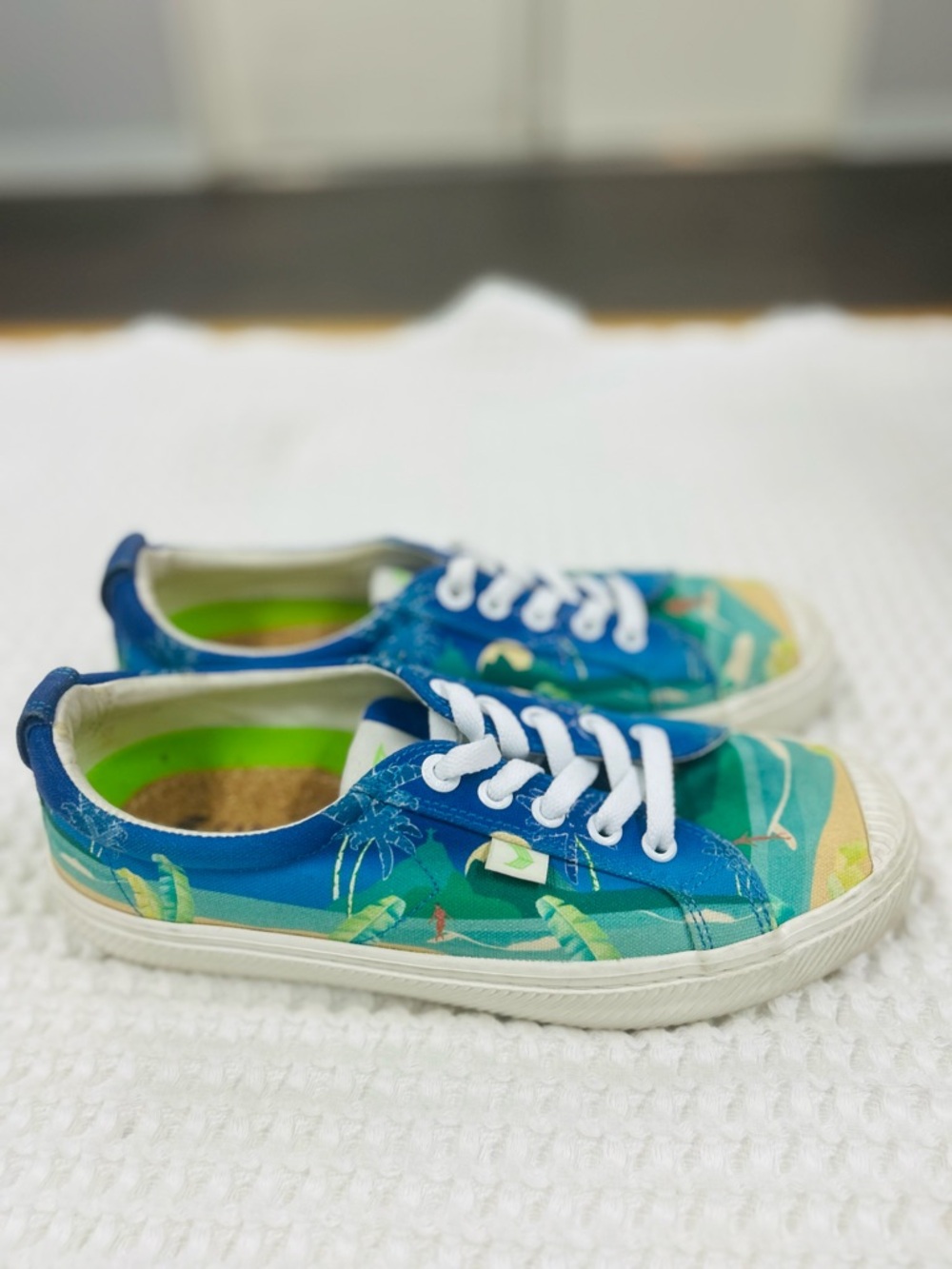 Cariuma Blue Green Tropical Canvas Sneakers. Size 8